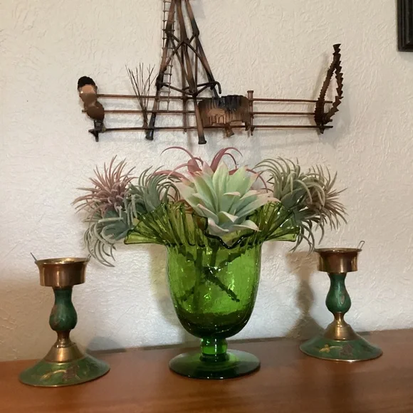 Blenko 388 Green Crackle Art Glass Vase Handcrafted Crimped Ruffled Edge Vintage - Picture 2 of 16